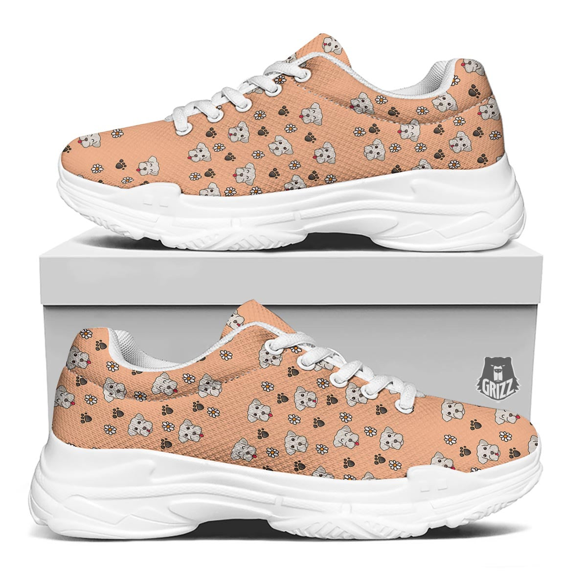 Puppy Shih Tzu Print Pattern White Chunky Shoes-grizzshop