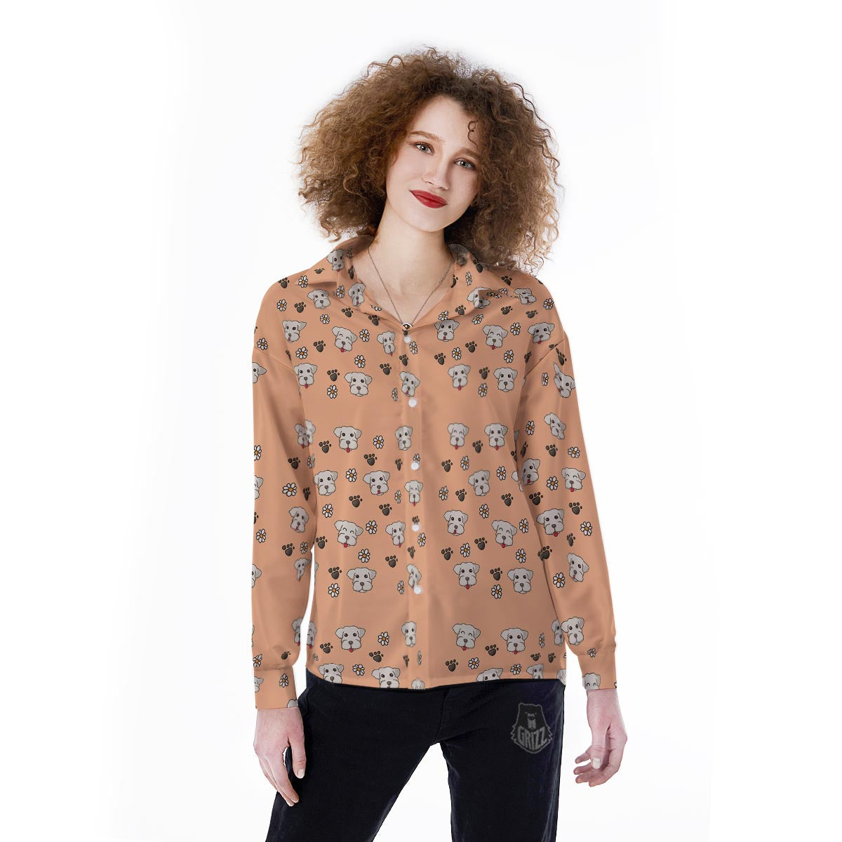 Puppy Shih Tzu Print Pattern Women's Long Sleeve Shirts-grizzshop