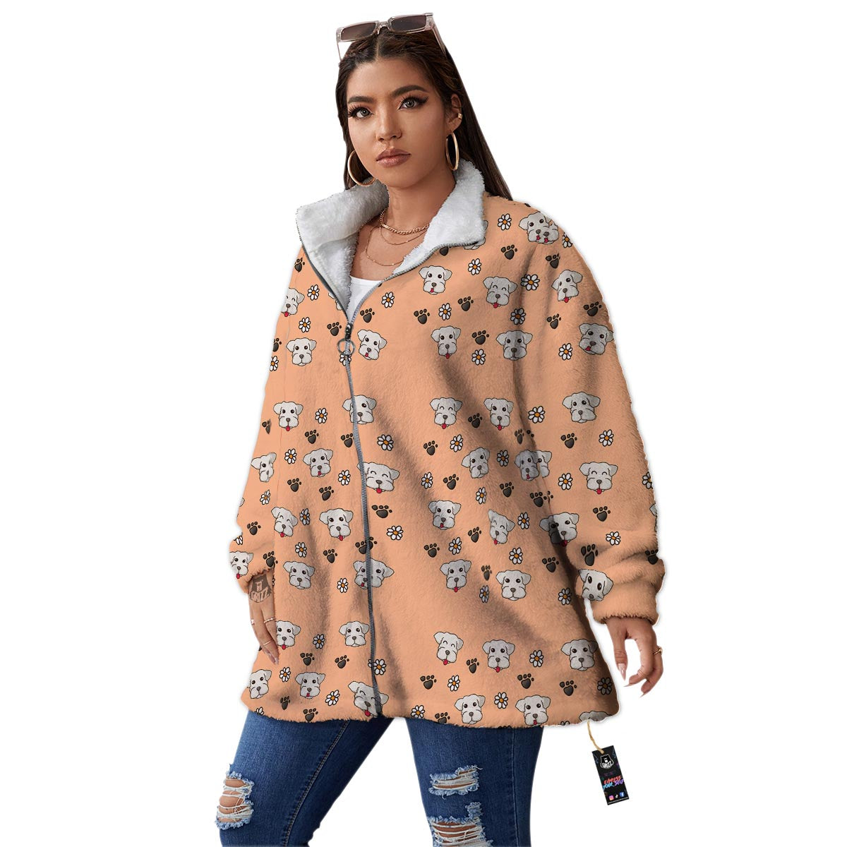 Puppy Shih Tzu Print Pattern Women's Sherpa Jacket-grizzshop
