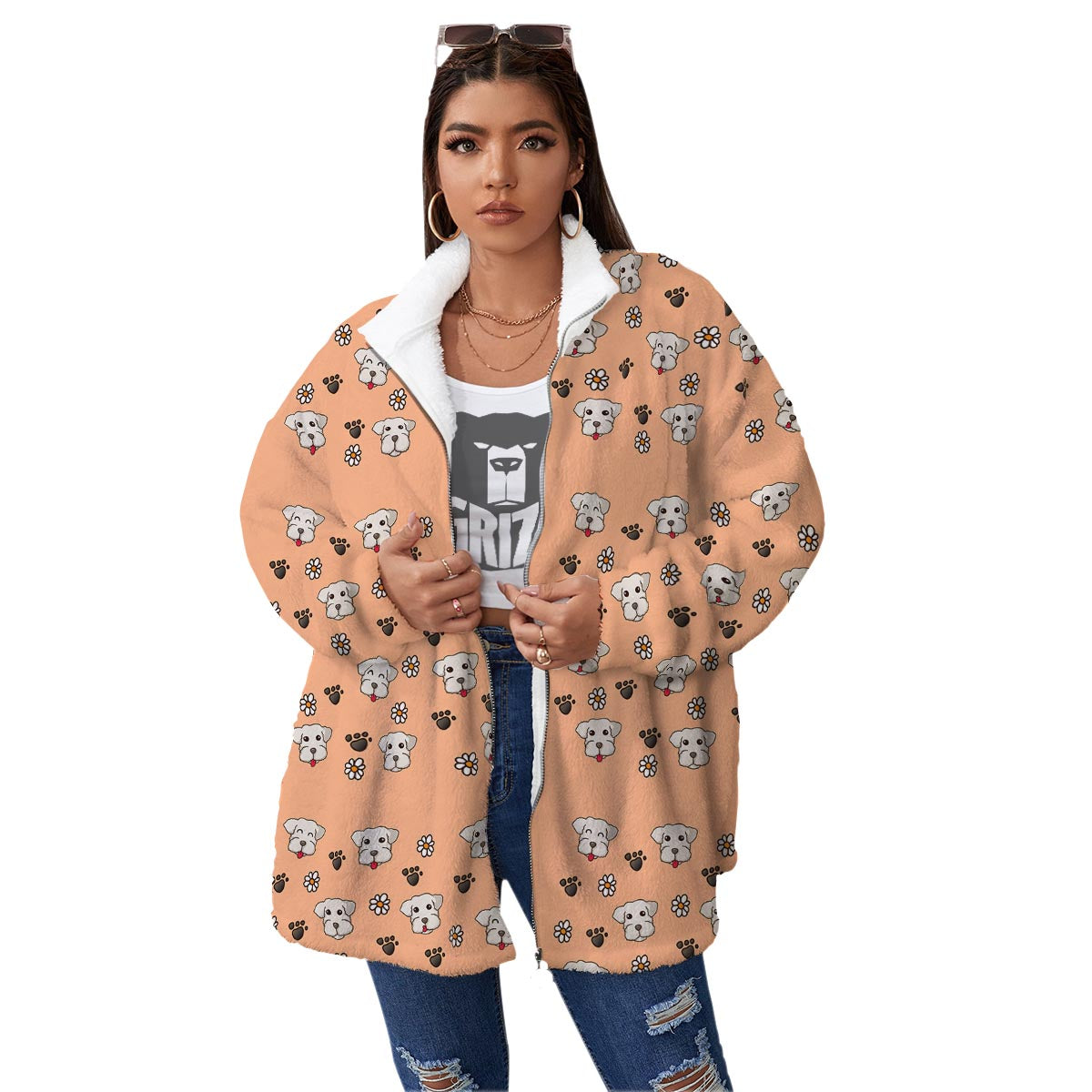 Puppy Shih Tzu Print Pattern Women's Sherpa Jacket-grizzshop