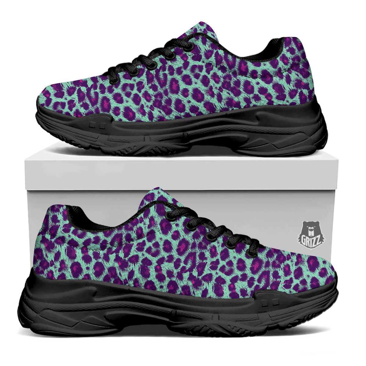 Purple And Blue Neon Leopard Print Black Chunky Shoes-grizzshop