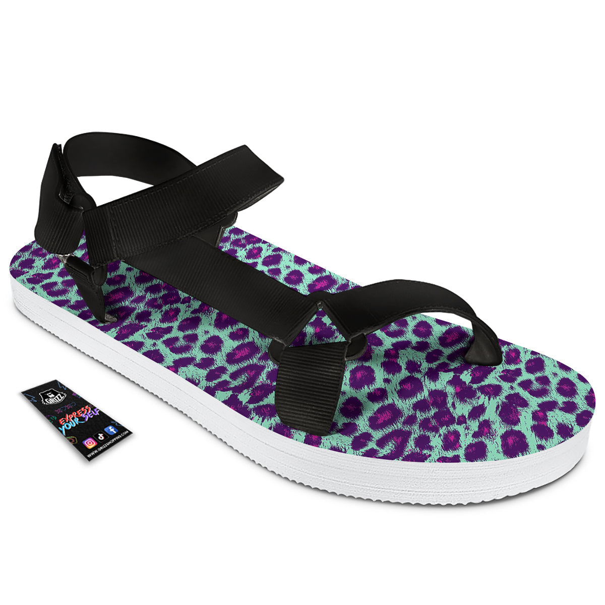 Purple And Blue Neon Leopard Print Black Open Toe Sandals-grizzshop
