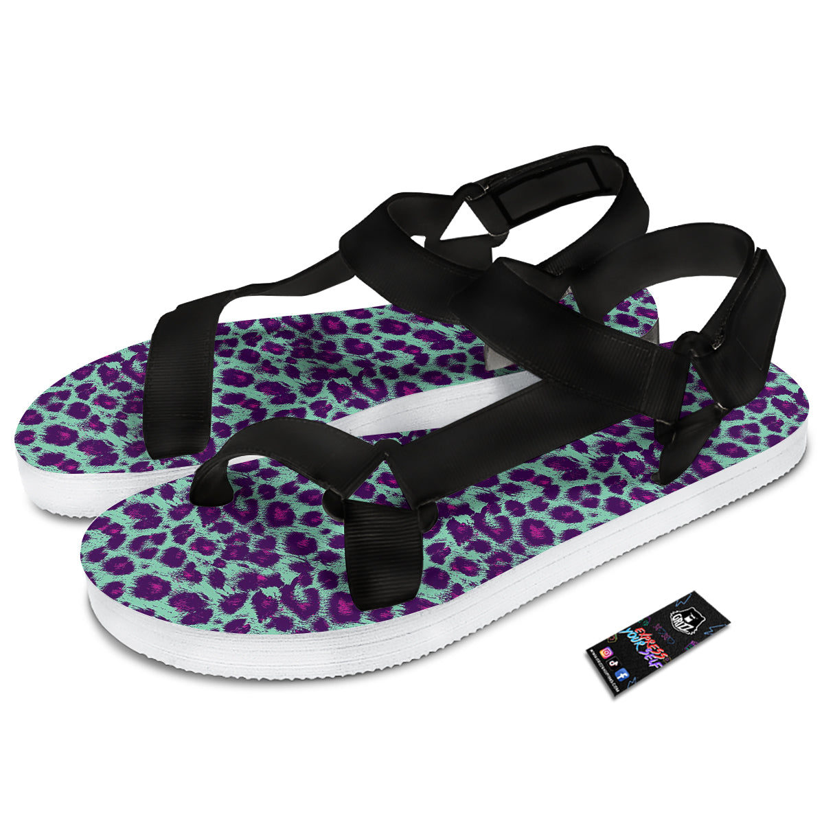 Purple And Blue Neon Leopard Print Black Open Toe Sandals-grizzshop