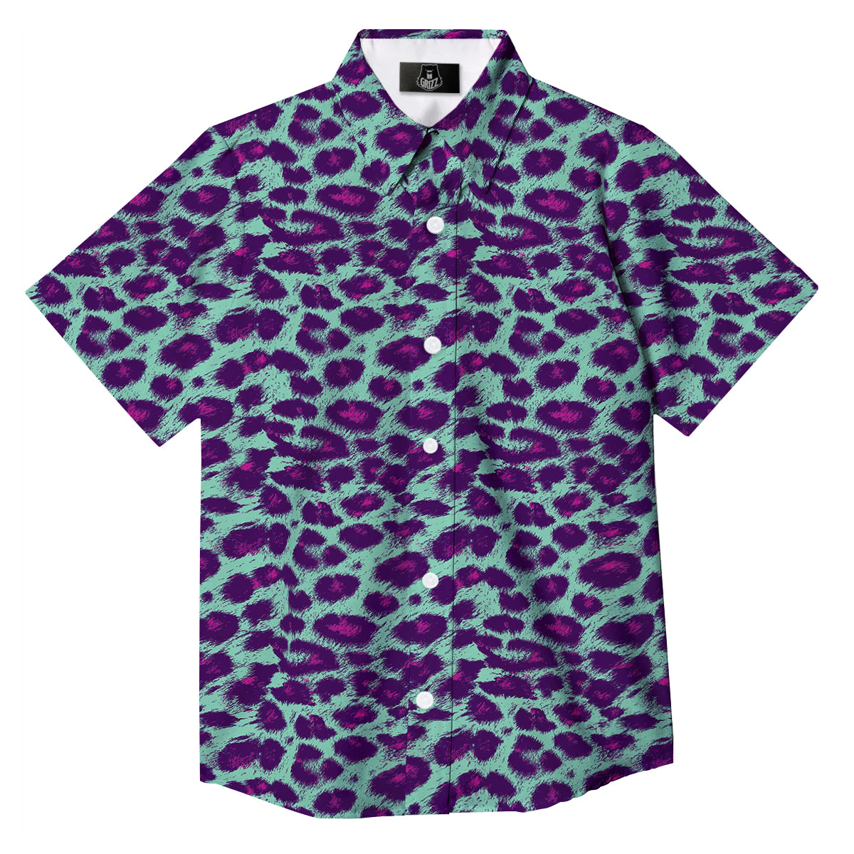 Purple And Blue Neon Leopard Print Button Up Shirt-grizzshop