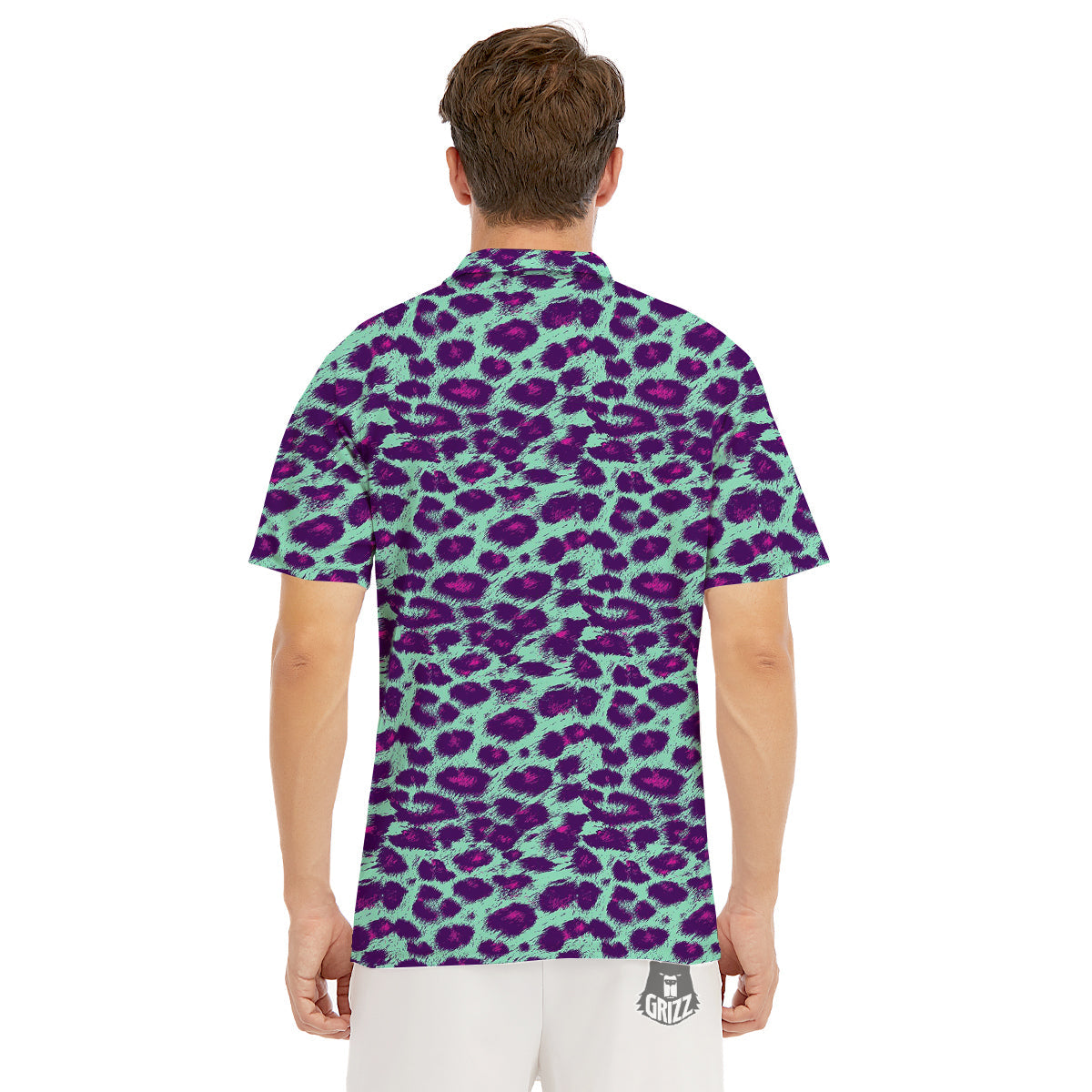 Purple And Blue Neon Leopard Print Men's Golf Shirts-grizzshop