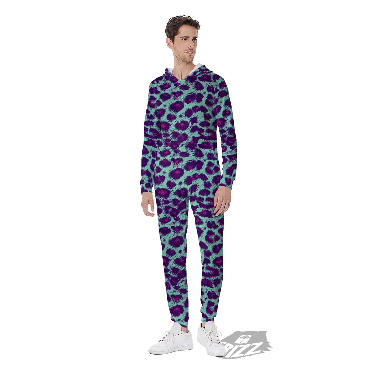 Purple And Blue Neon Leopard Print Men's Jumpsuit-grizzshop
