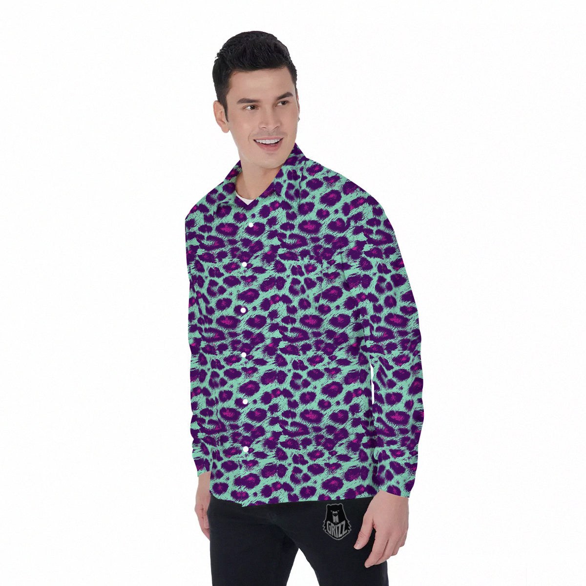 Purple And Blue Neon Leopard Print Men's Long Sleeve Shirts-grizzshop