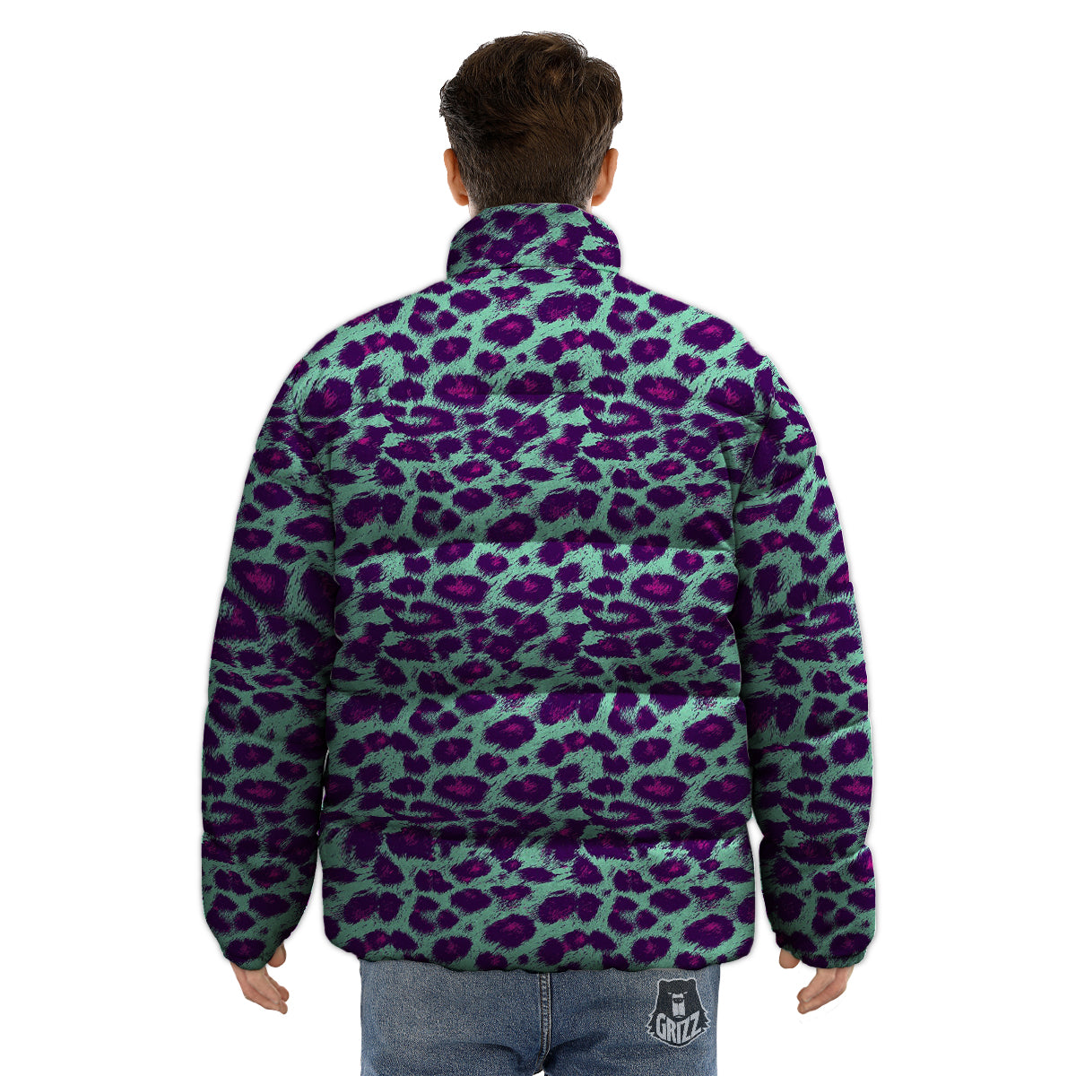 Purple And Blue Neon Leopard Print Puffer Jacket-grizzshop