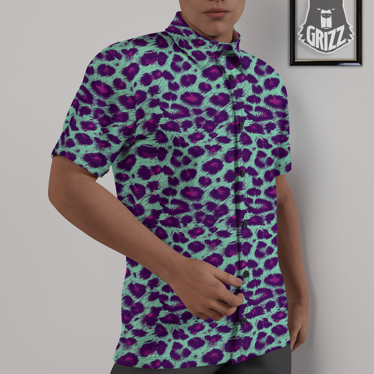 Purple And Blue Neon Leopard Print Untucked Shirts-grizzshop