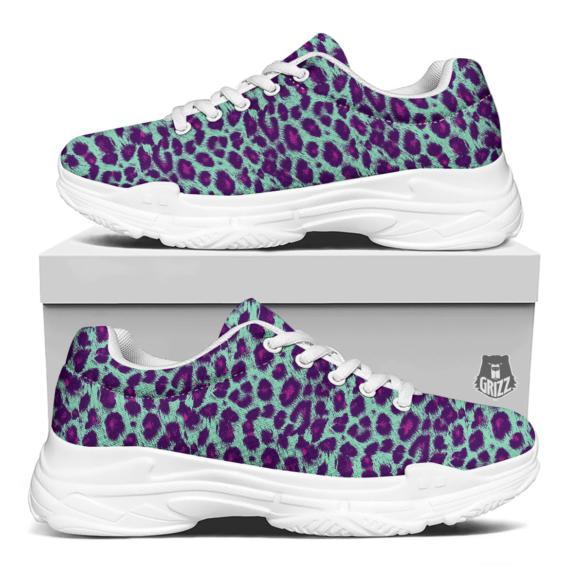 Purple And Blue Neon Leopard Print White Chunky Shoes-grizzshop