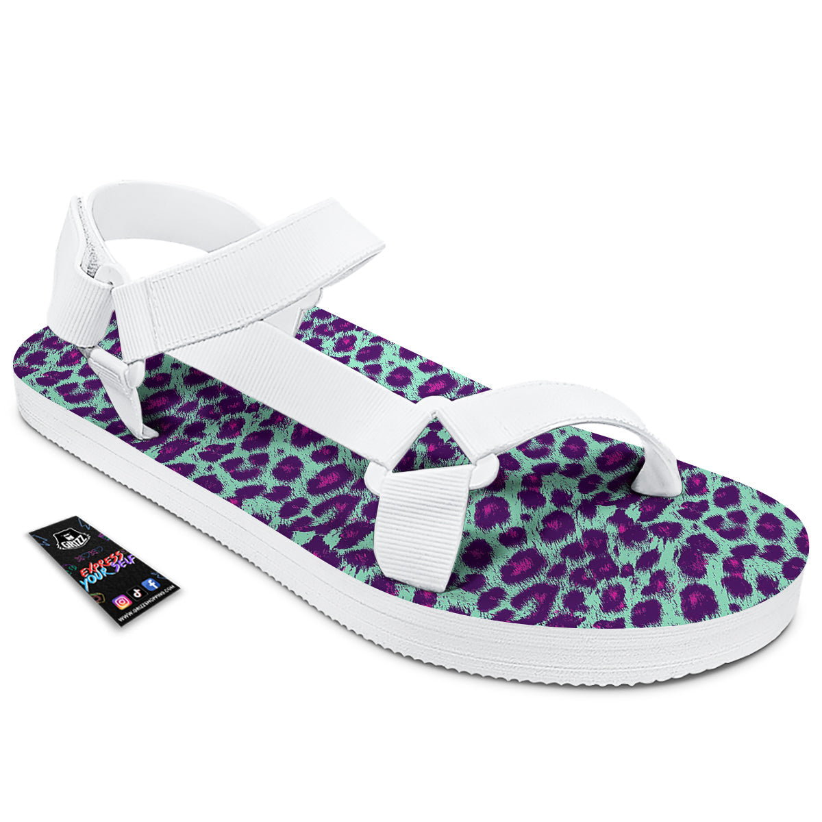 Purple And Blue Neon Leopard Print White Open Toe Sandals-grizzshop