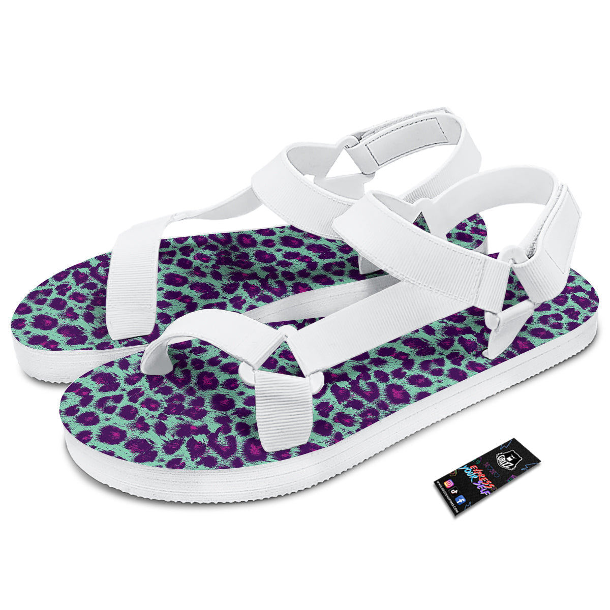 Purple And Blue Neon Leopard Print White Open Toe Sandals-grizzshop