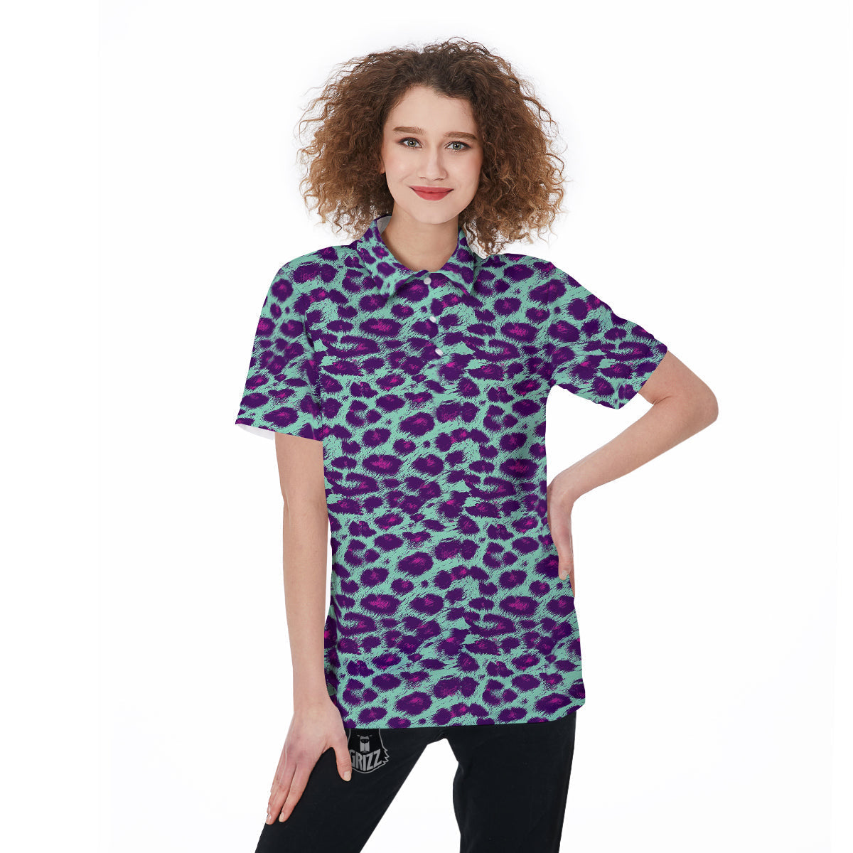 Purple And Blue Neon Leopard Print Women's Golf Shirts-grizzshop