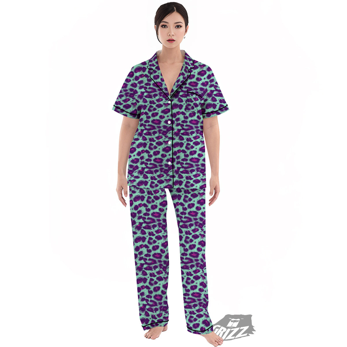 Purple And Blue Neon Leopard Print Women's Pajamas Set-grizzshop