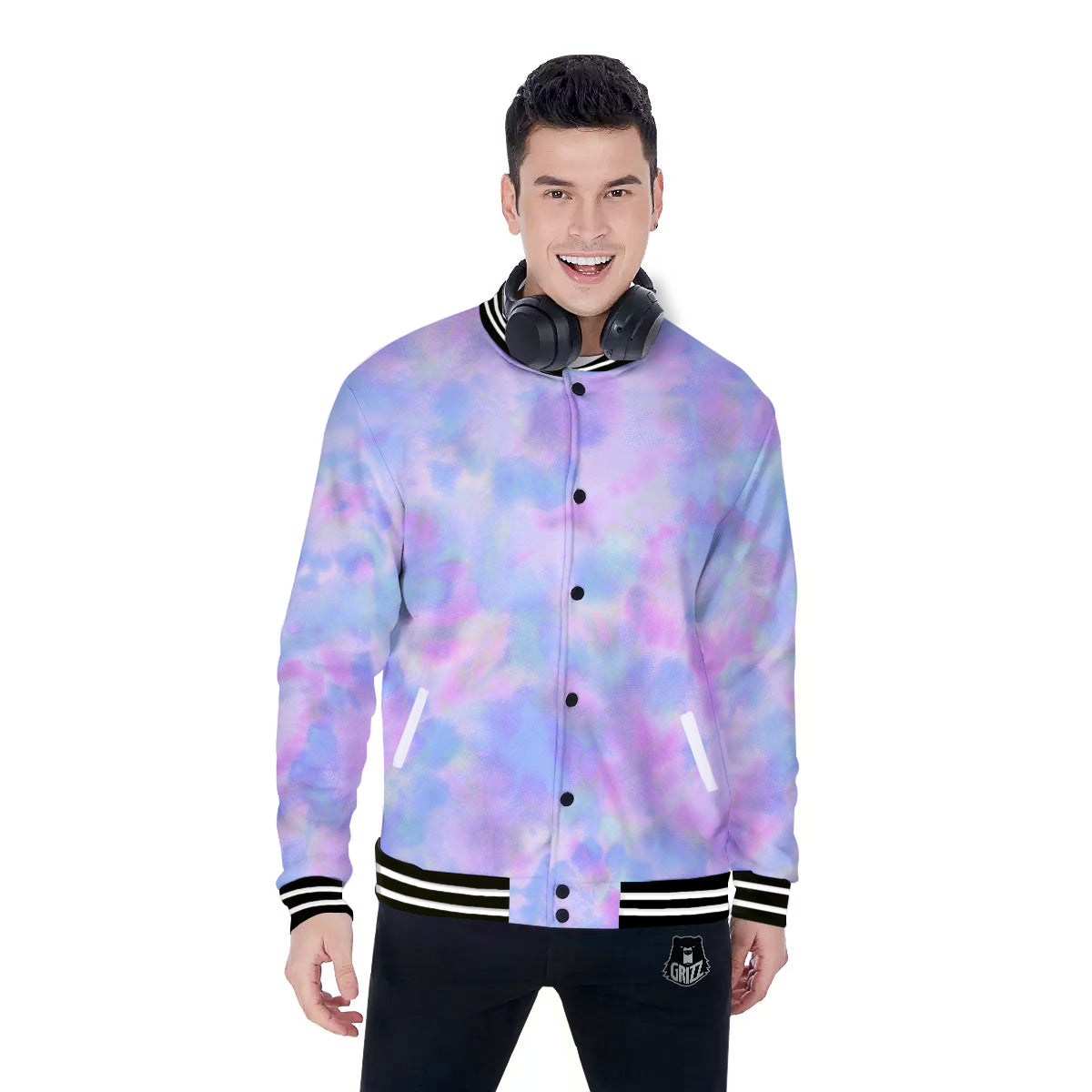 Purple And Blue Tie Dye Shibori Print Baseball Jacket-grizzshop