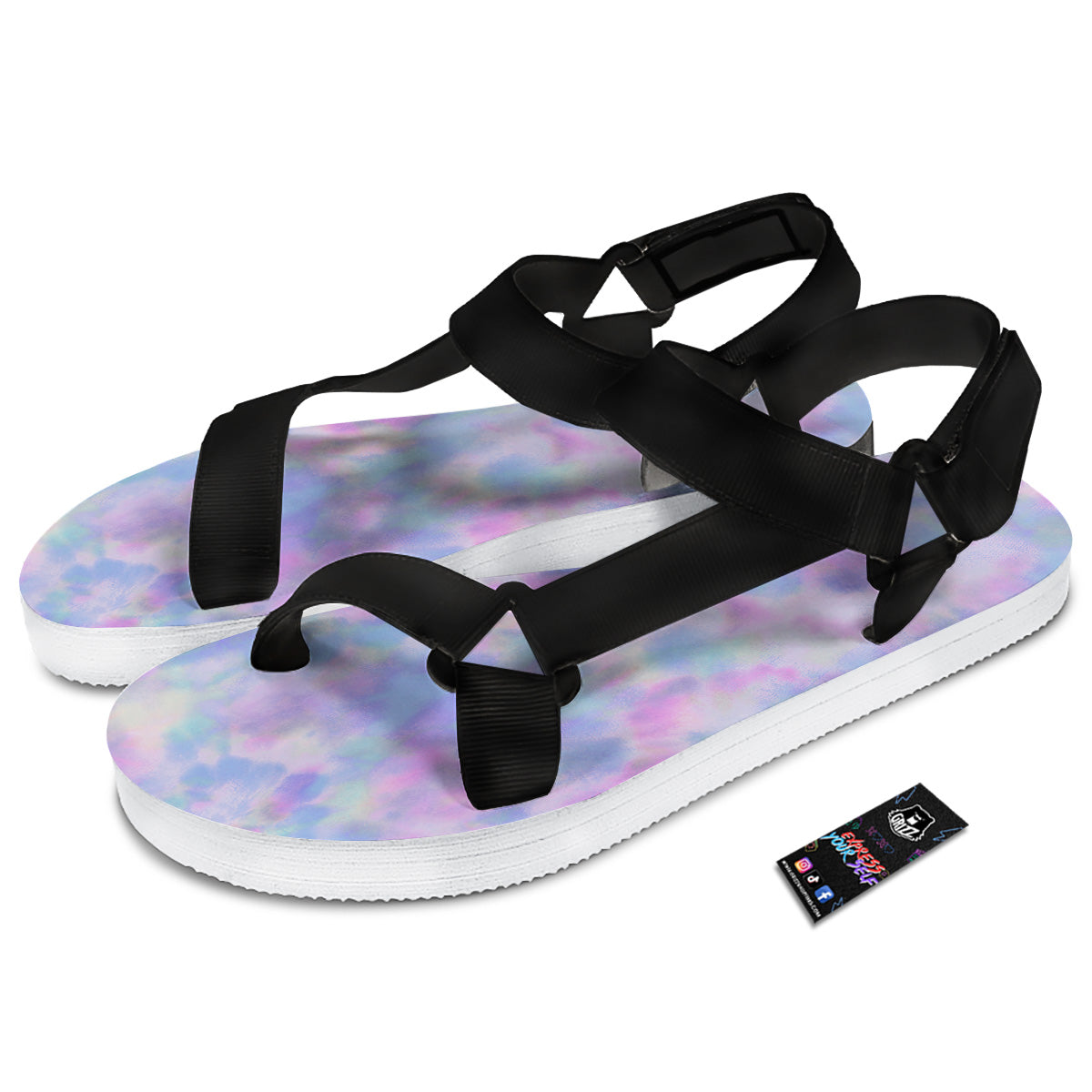 Purple And Blue Tie Dye Shibori Print Black Open Toe Sandals-grizzshop