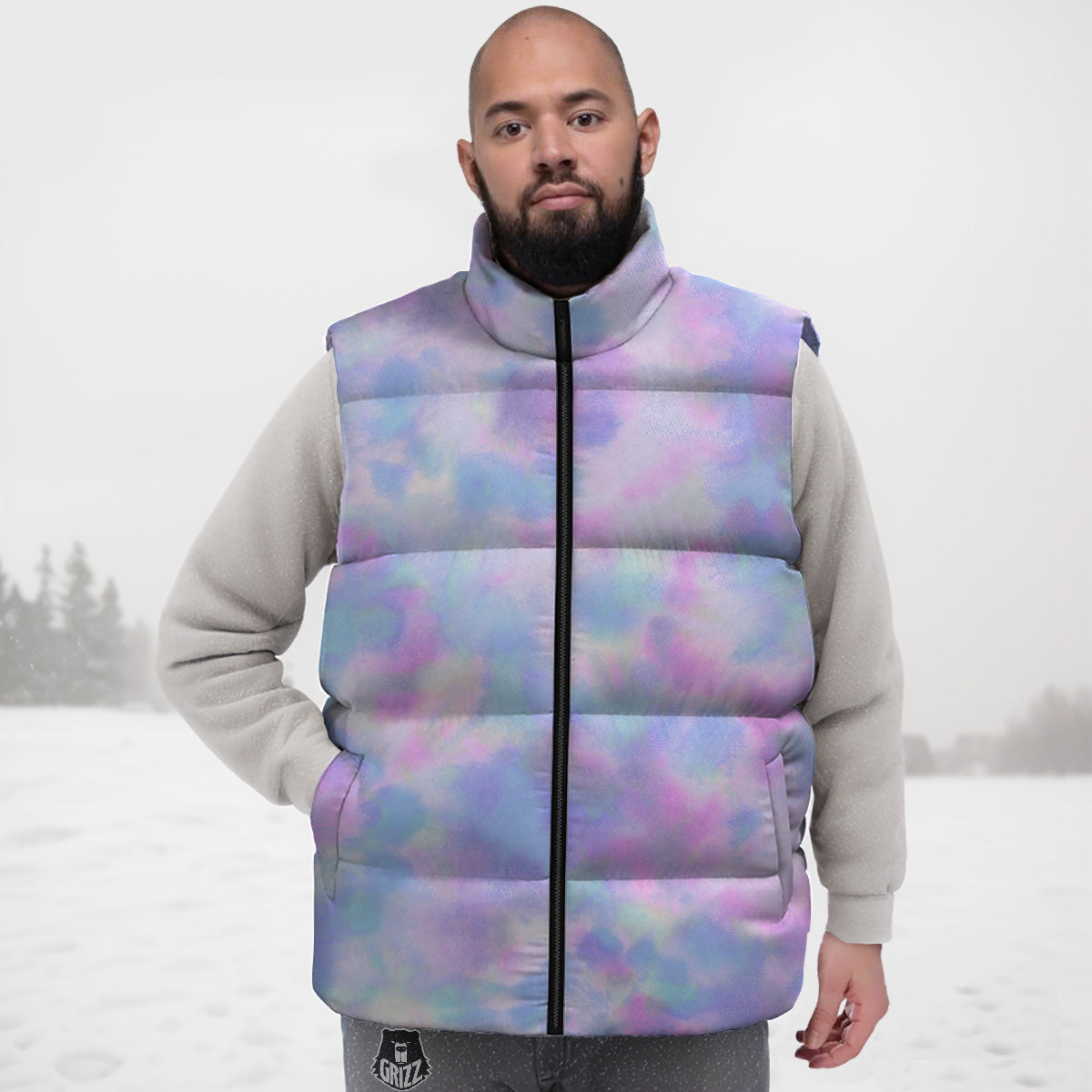Purple And Blue Tie Dye Shibori Print Down Vest
