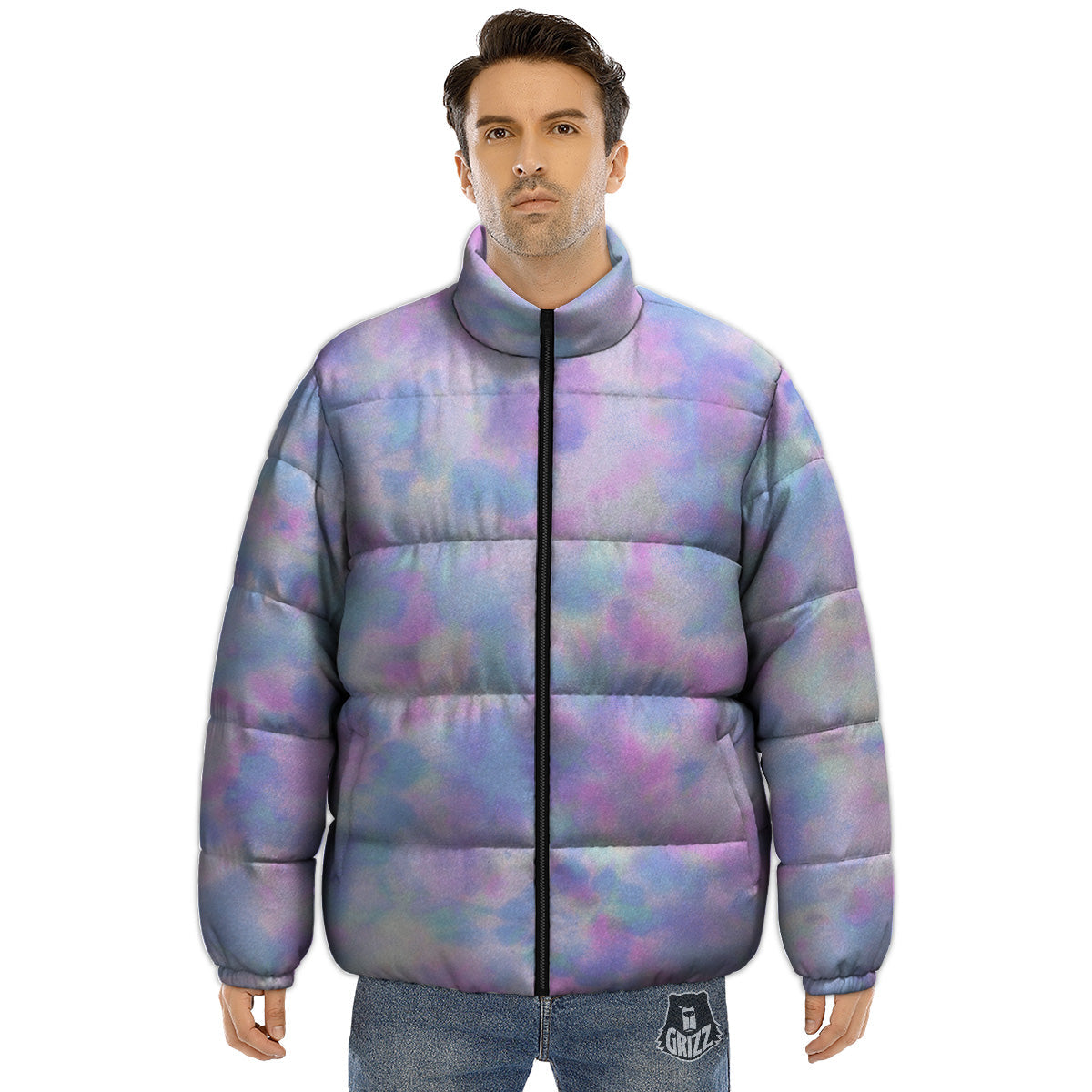 Purple And Blue Tie Dye Shibori Print Puffer Jacket-grizzshop