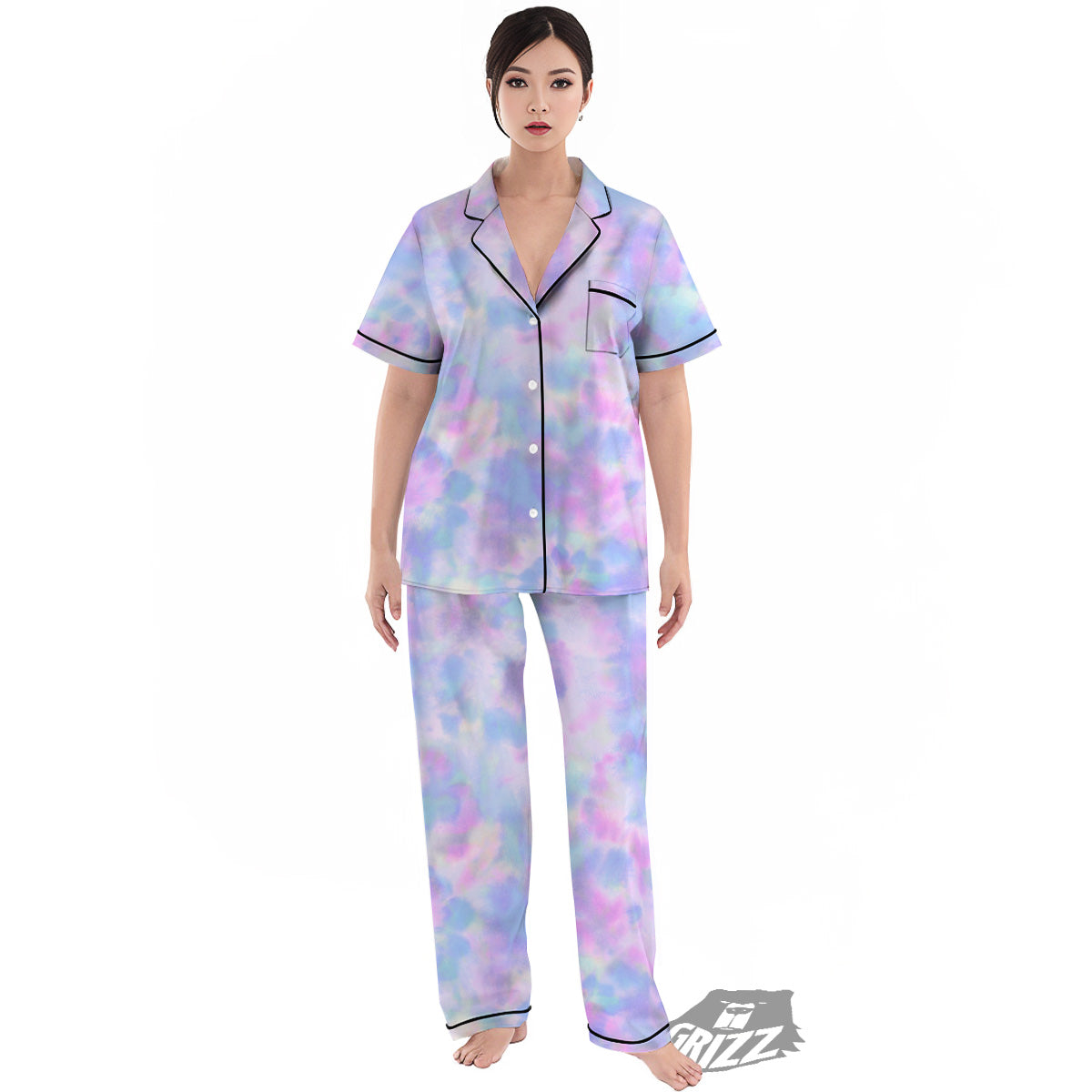 Purple And Blue Tie Dye Shibori Print Women's Pajamas Set-grizzshop