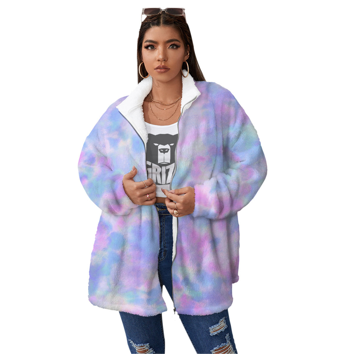 Purple And Blue Tie Dye Shibori Print Women's Sherpa Jacket-grizzshop