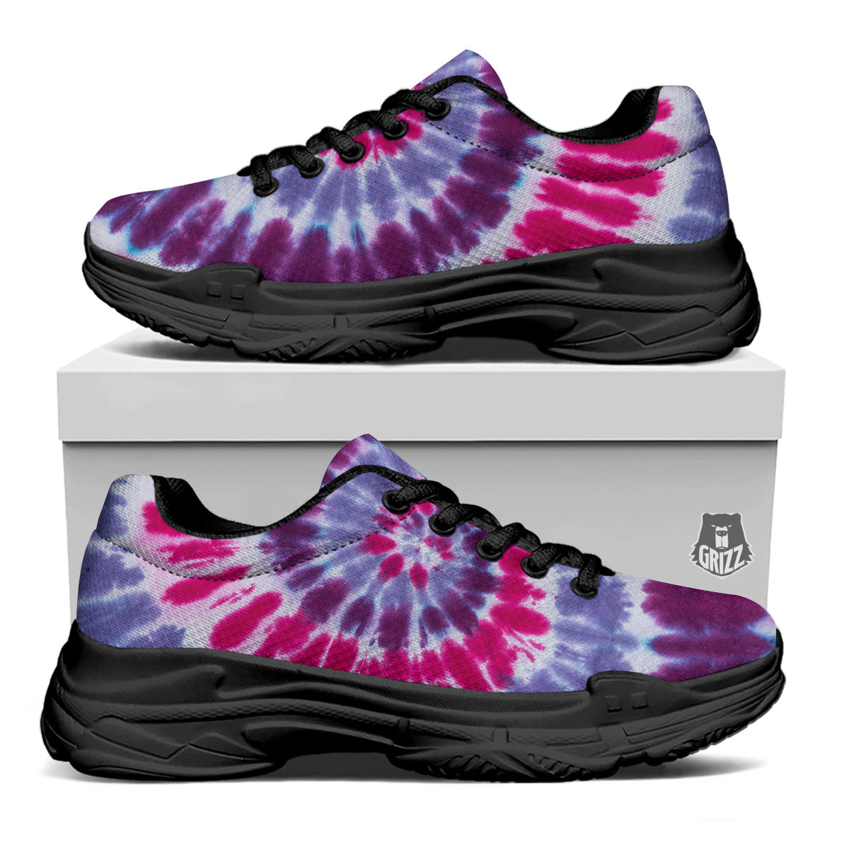 Purple And Blue Tie Dye Spiral Print Black Chunky Shoes-grizzshop