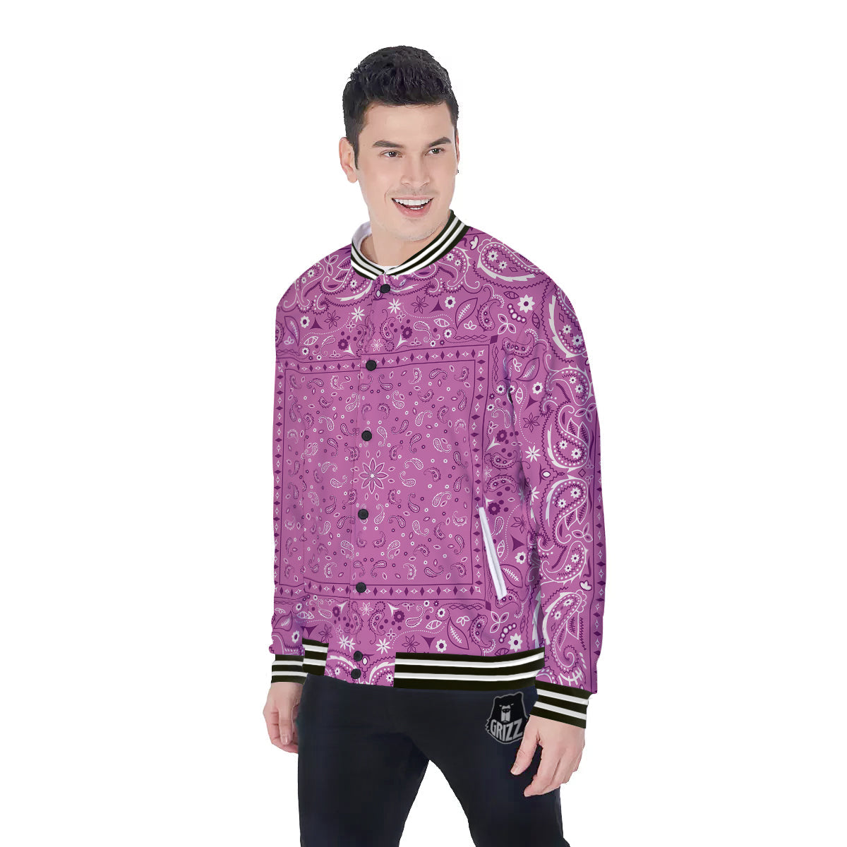 Purple Bandana Print Baseball Jacket-grizzshop