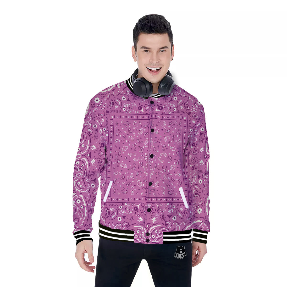 Purple Bandana Print Baseball Jacket-grizzshop