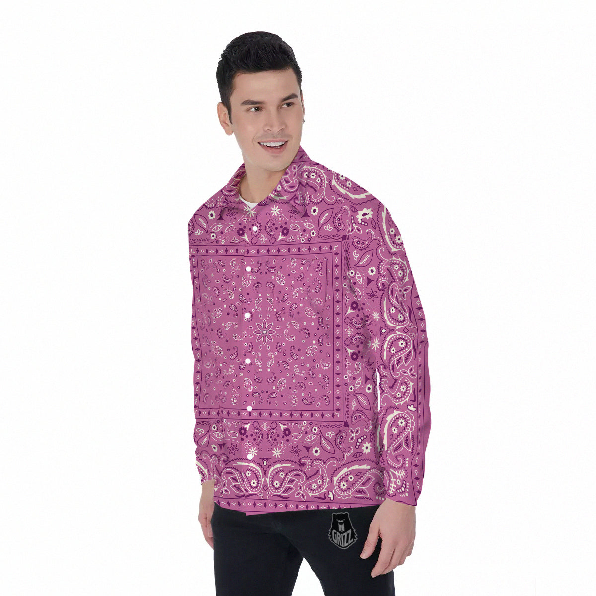 Purple Bandana Print Men's Long Sleeve Shirts-grizzshop