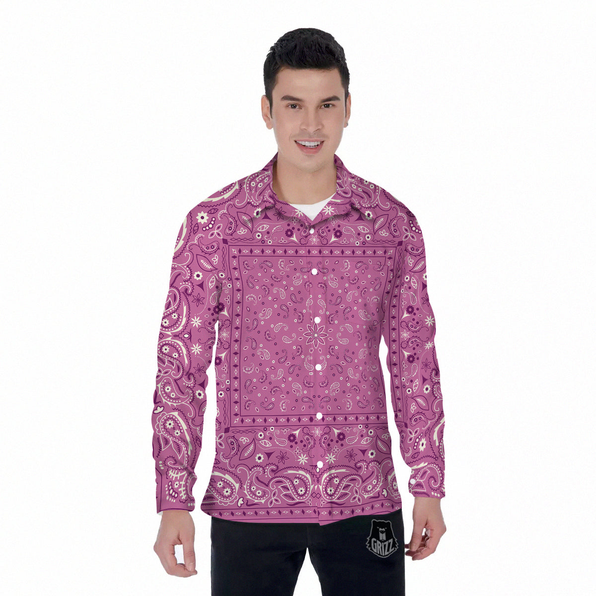 Purple Bandana Print Men's Long Sleeve Shirts-grizzshop