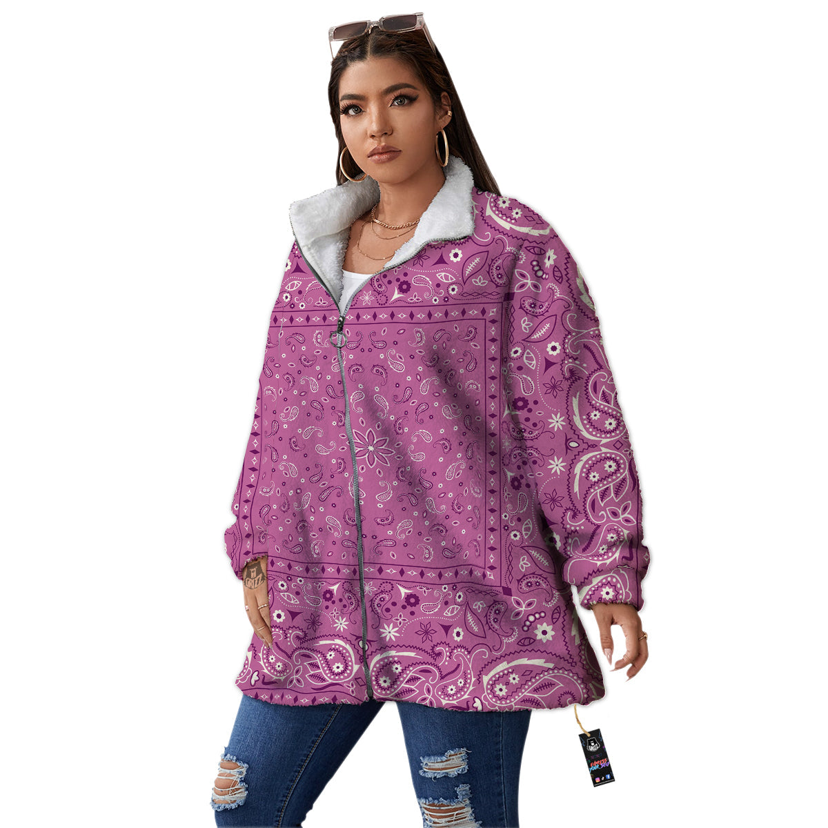 Purple Bandana Print Women's Sherpa Jacket-grizzshop