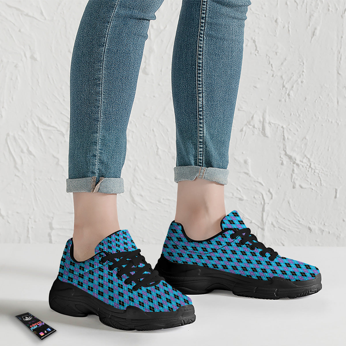 Purple Black And Blue Argyle Print Black Chunky Shoes-grizzshop