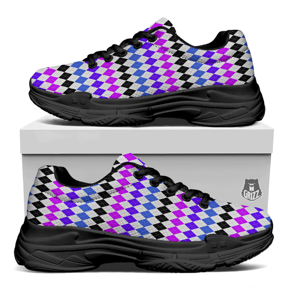 Purple Blue And Black Argyle Print Black Chunky Shoes-grizzshop
