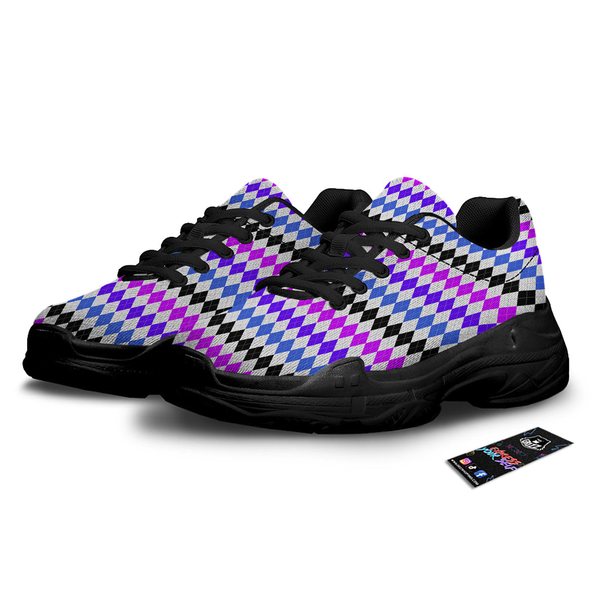 Purple Blue And Black Argyle Print Black Chunky Shoes-grizzshop