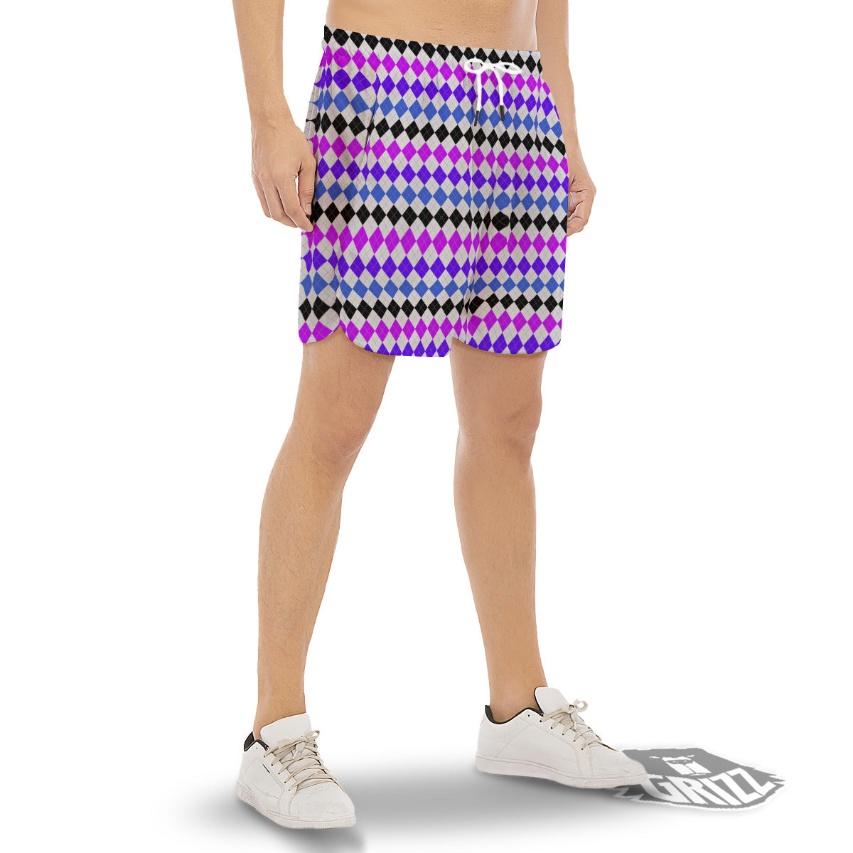 Purple Blue And Black Argyle Print Men's Gym Shorts-grizzshop
