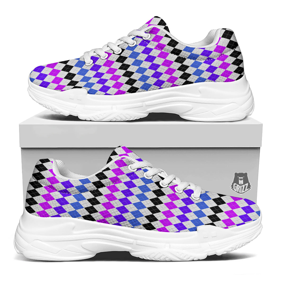 Purple Blue And Black Argyle Print White Chunky Shoes-grizzshop