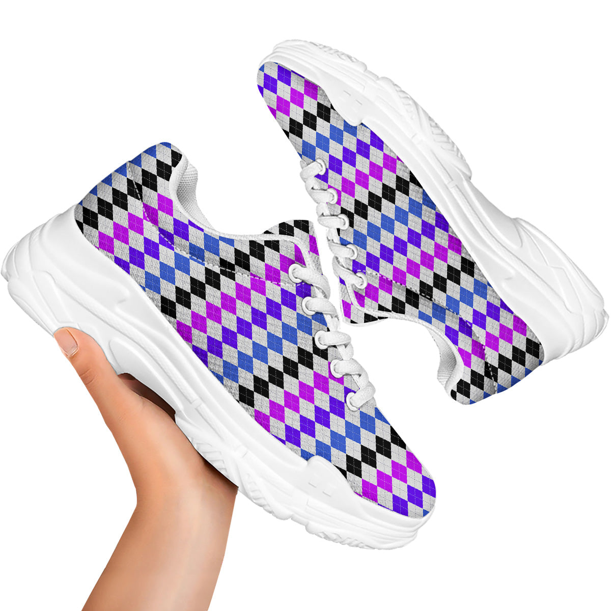 Purple Blue And Black Argyle Print White Chunky Shoes-grizzshop