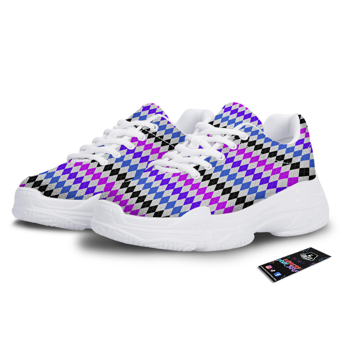 Purple Blue And Black Argyle Print White Chunky Shoes-grizzshop