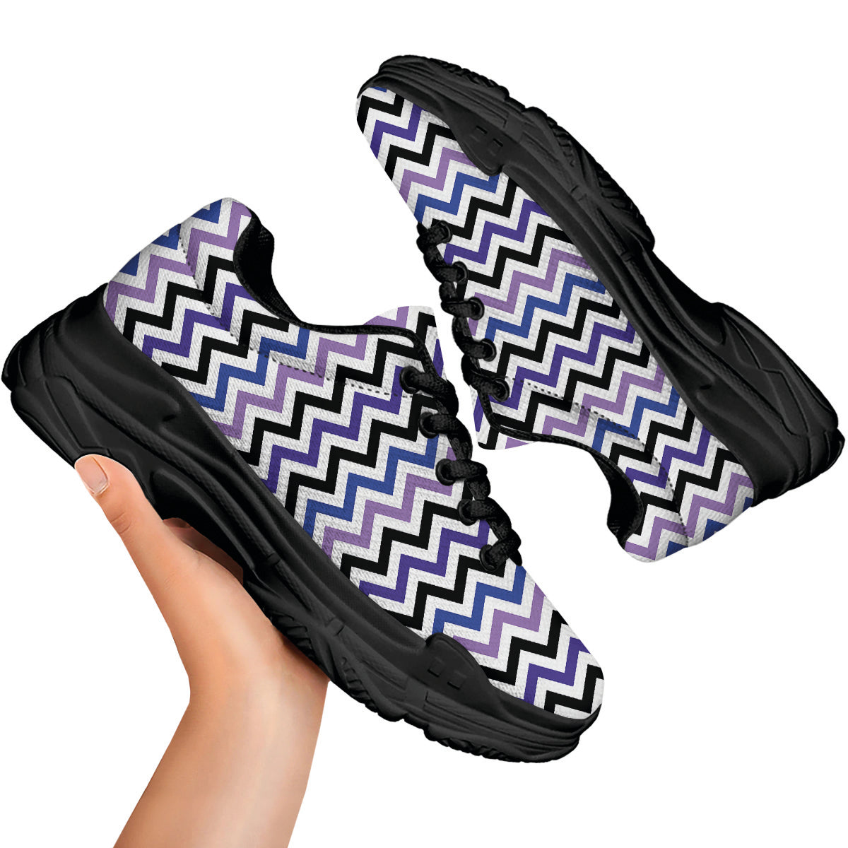Purple Blue And Black Chevron Print Black Chunky Shoes-grizzshop