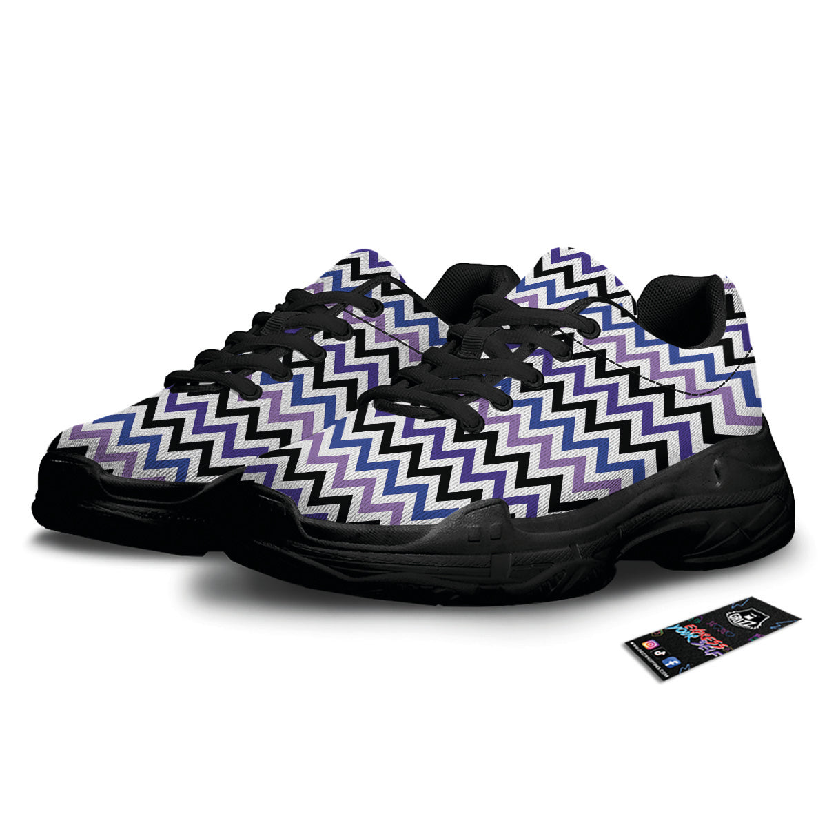 Purple Blue And Black Chevron Print Black Chunky Shoes-grizzshop
