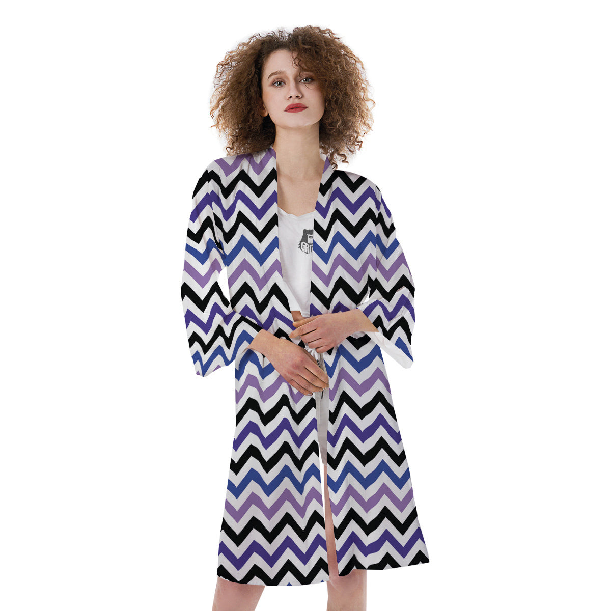 Purple Blue And Black Chevron Print Kimono-grizzshop