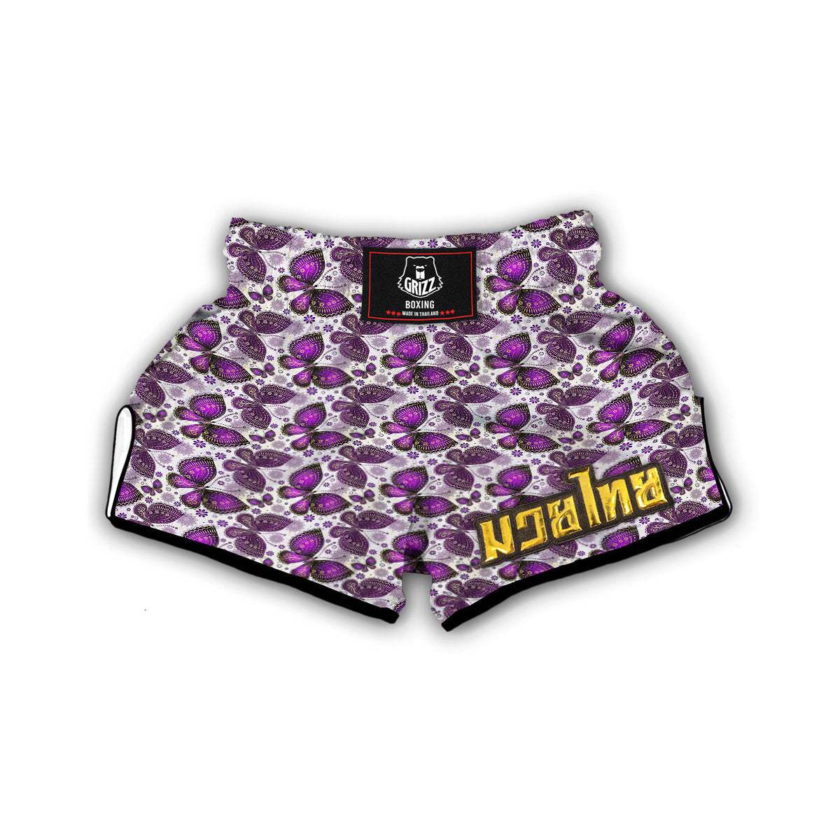 Purple Butterfly Pattern Print Muay Thai Boxing Shorts-grizzshop