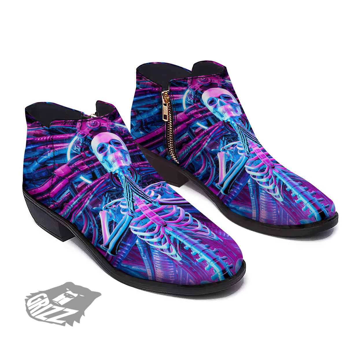 Purple Cyber Skeleton Print Ankle Boots-grizzshop