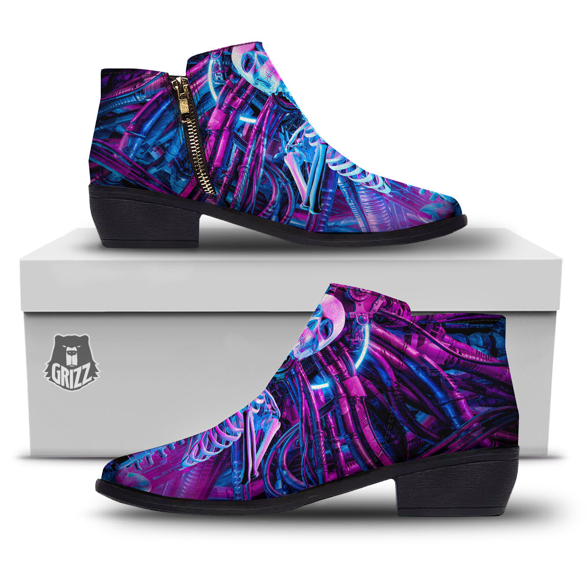 Purple Cyber Skeleton Print Ankle Boots-grizzshop