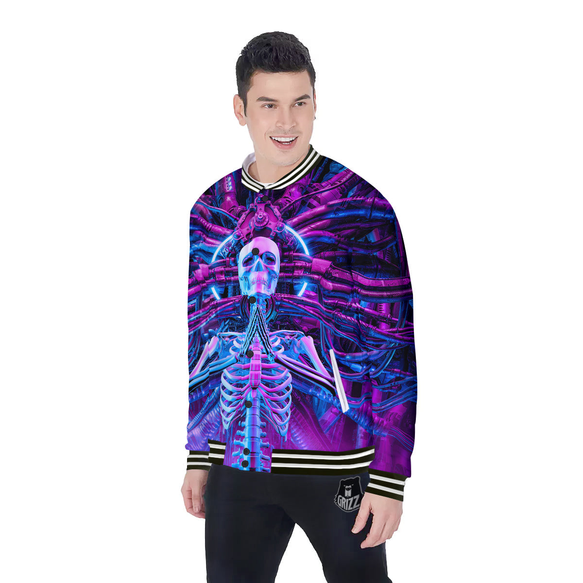 Purple Cyber Skeleton Print Baseball Jacket-grizzshop