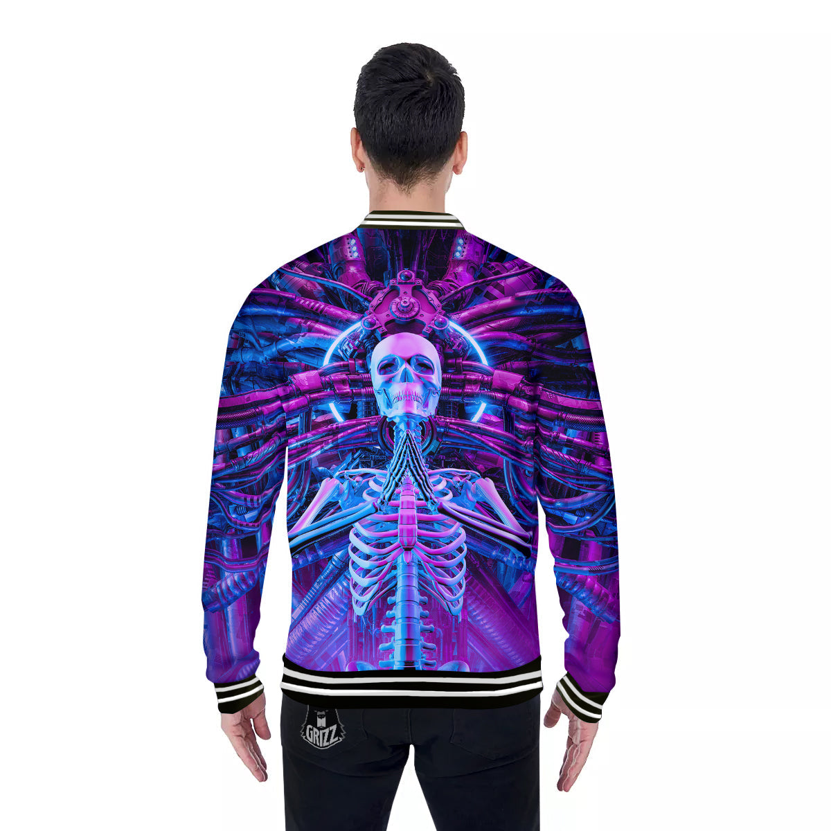 Purple Cyber Skeleton Print Baseball Jacket-grizzshop