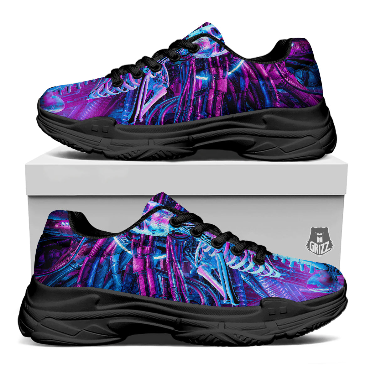 Purple Cyber Skeleton Print Black Chunky Shoes-grizzshop