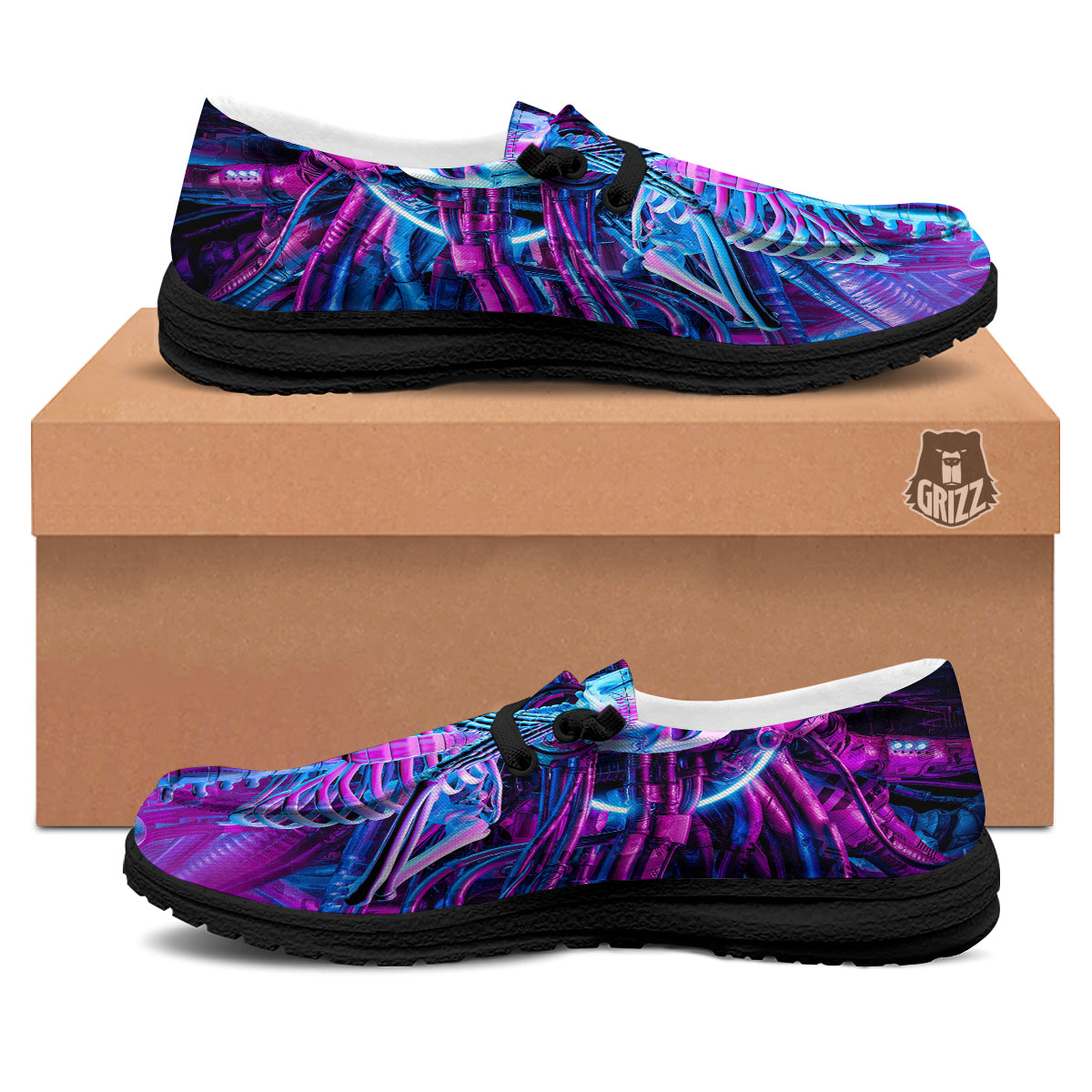 Purple Cyber Skeleton Print Black Loafers-grizzshop