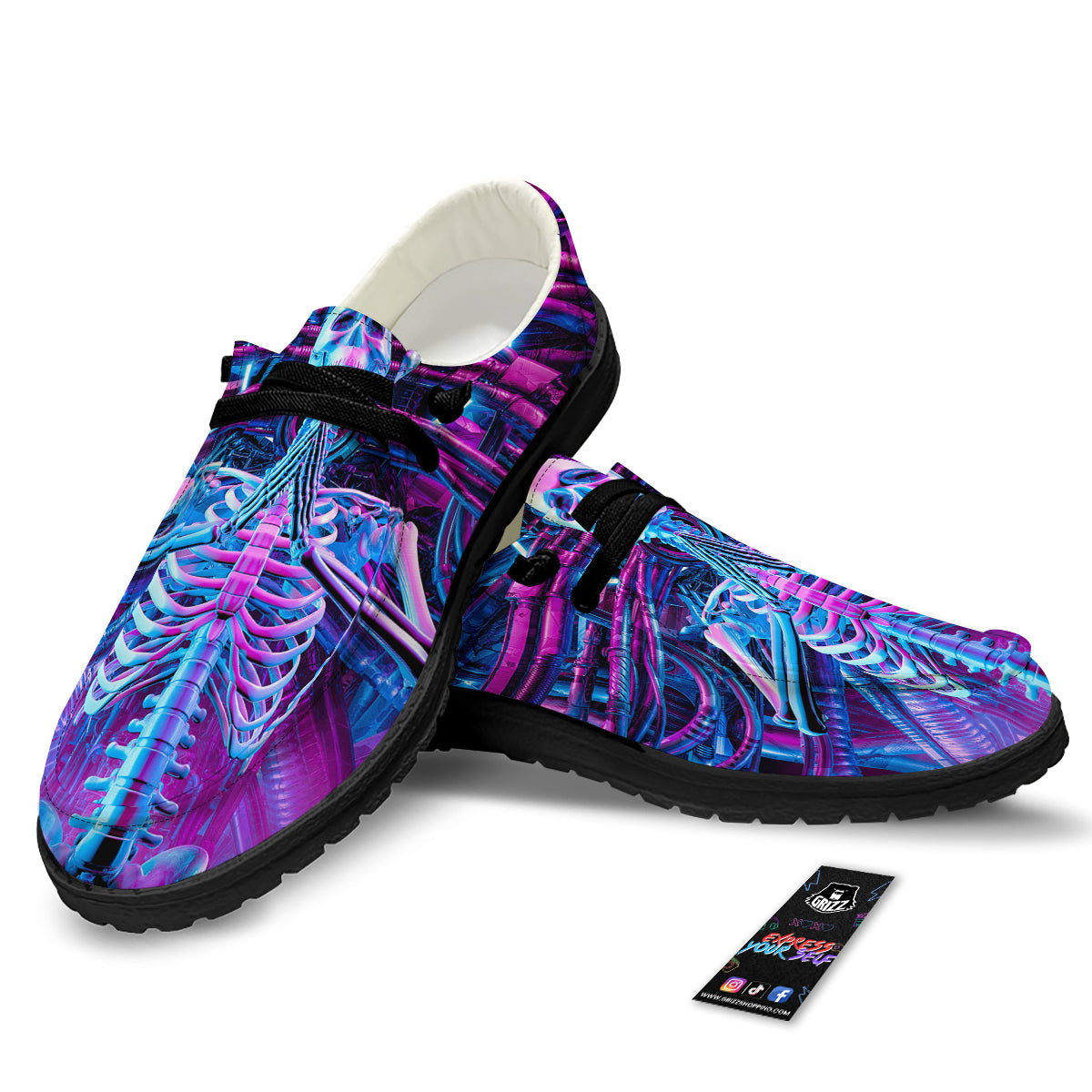 Purple Cyber Skeleton Print Black Loafers-grizzshop