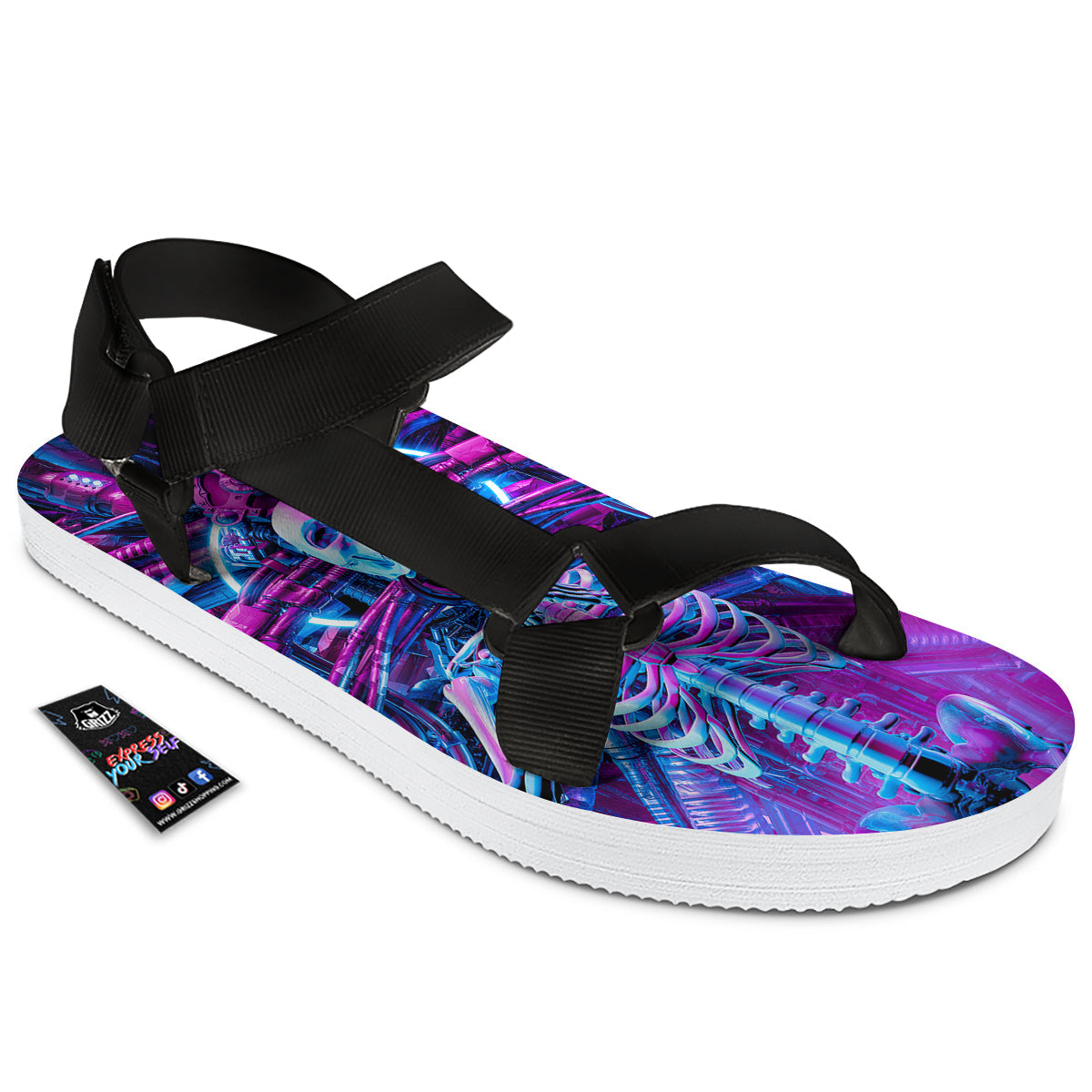 Purple Cyber Skeleton Print Black Open Toe Sandals-grizzshop