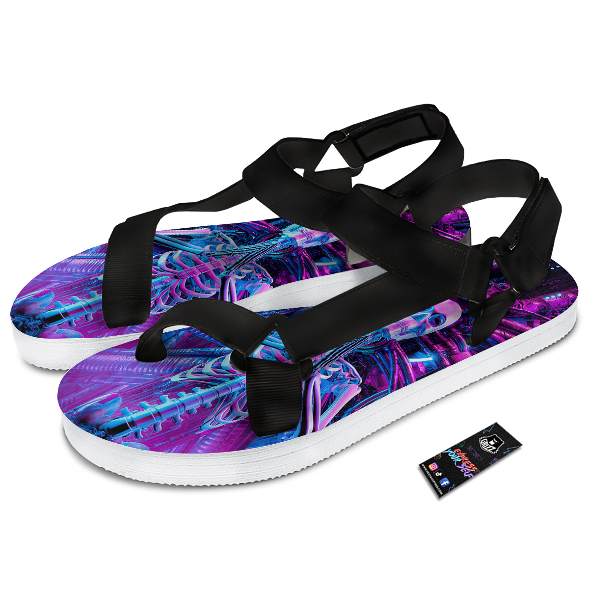 Purple Cyber Skeleton Print Black Open Toe Sandals-grizzshop
